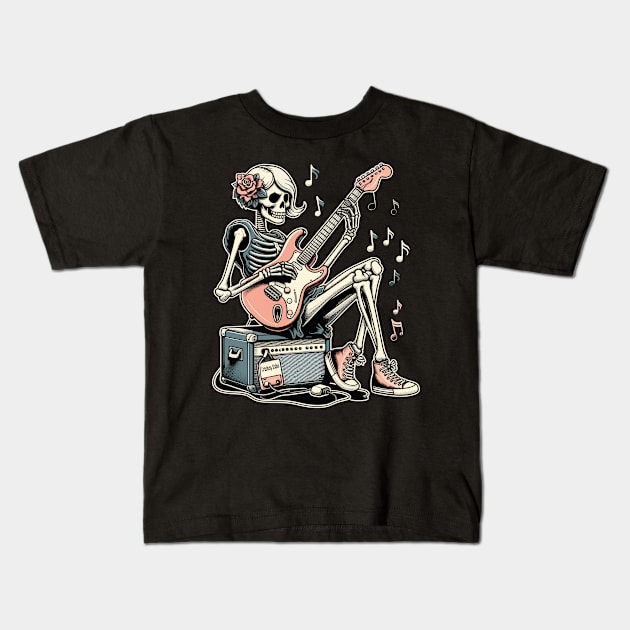 rock and roll skeleton girl Kids T-Shirt by chems eddine